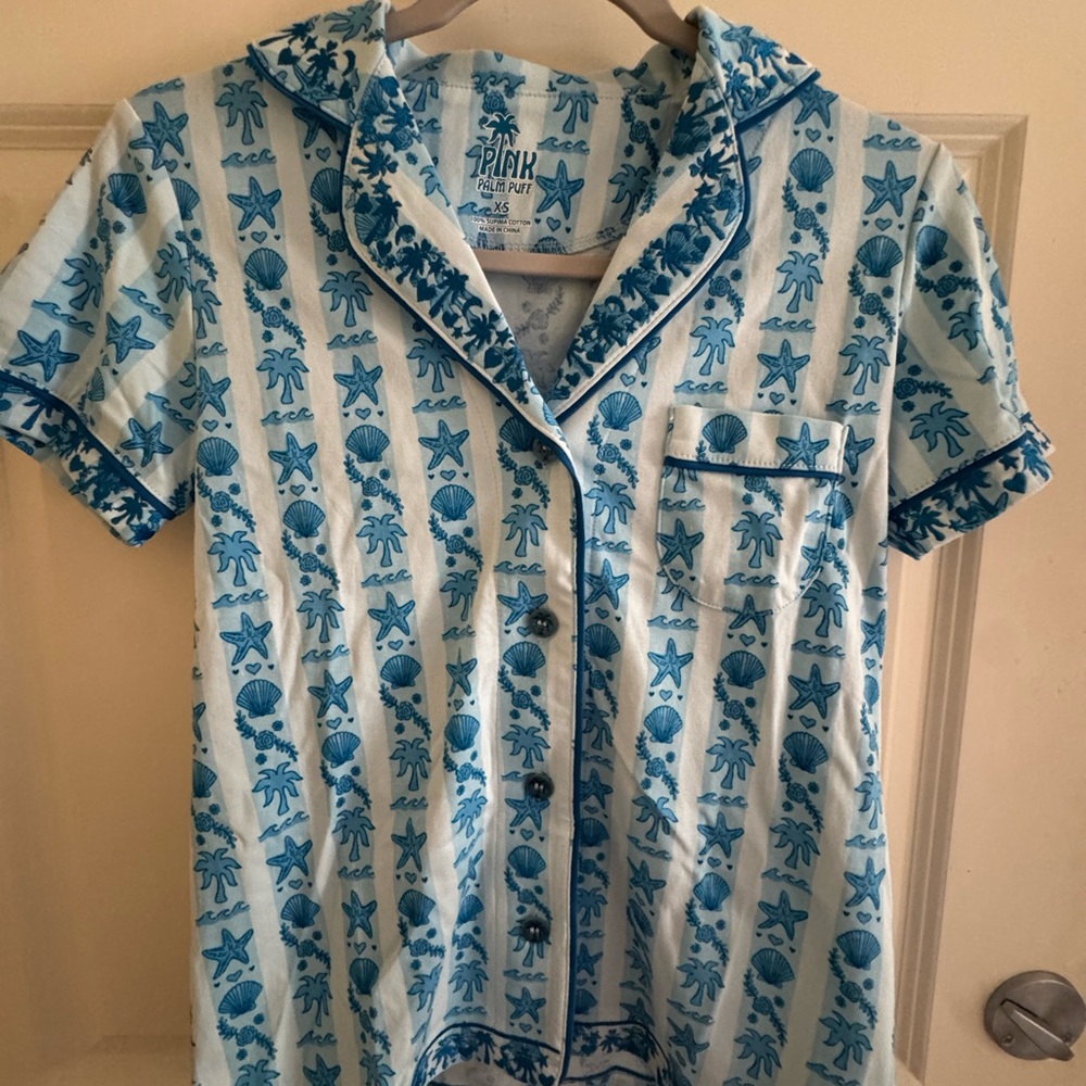 P.J. Salvage Light Blue and Blue Beach-Print Short Sleeve Button-Up